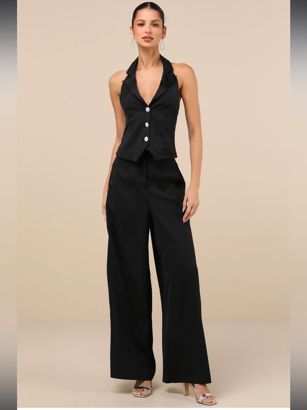 NWT Lulus Captivating Sophistication Black Halter Vest Jumpsuit Size Large